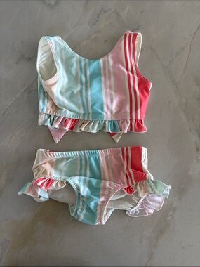 Indie Blue Girls' Pastel Stripe Ruffle Bikini Set - Pink & Blue